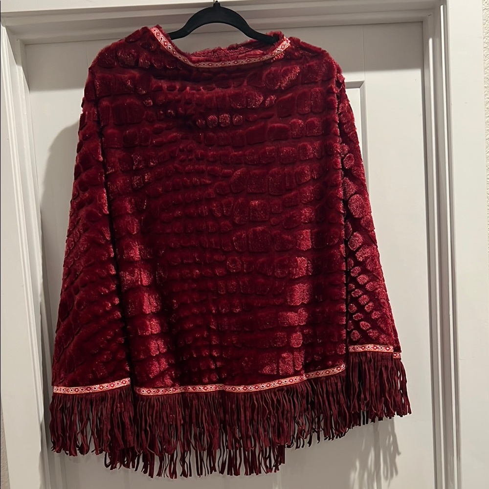 Red Textured Faux Fur Poncho with Faux Suede Fringe